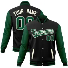 Black Green Raglan Full-Snap Varsity Letterman Baseball Jacket 1