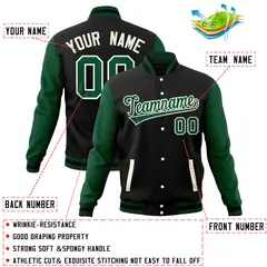 Black Green Raglan Full-Snap Varsity Letterman Baseball Jacket 4