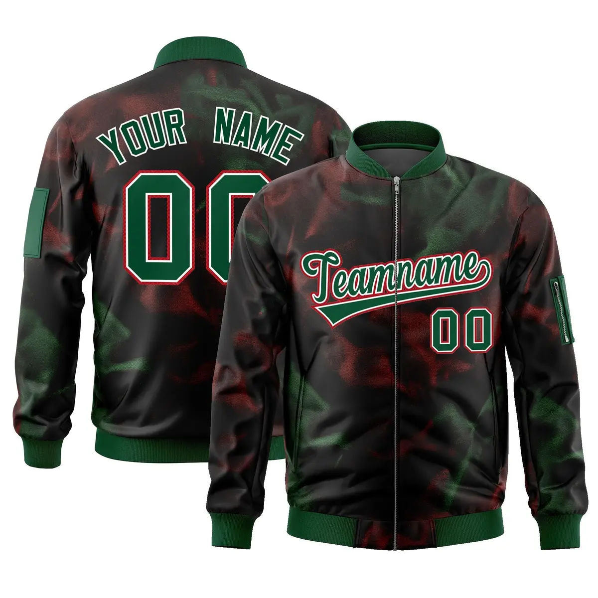 Black Green-Red Blur Spray Varsity Full-Zip Letterman Bomber Jacket