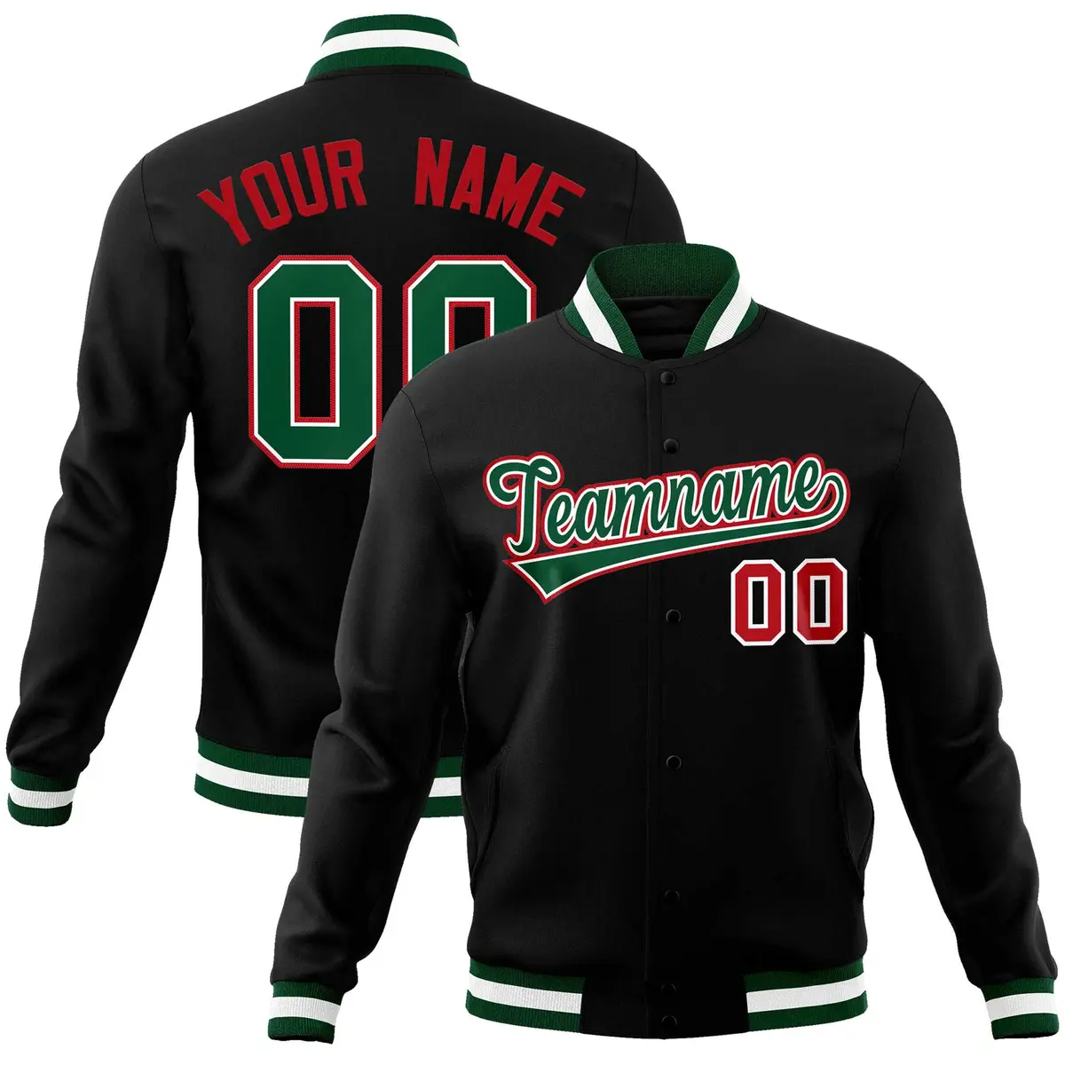 Black Green-Red Varsity Full-Snap Classic Letterman Jacket