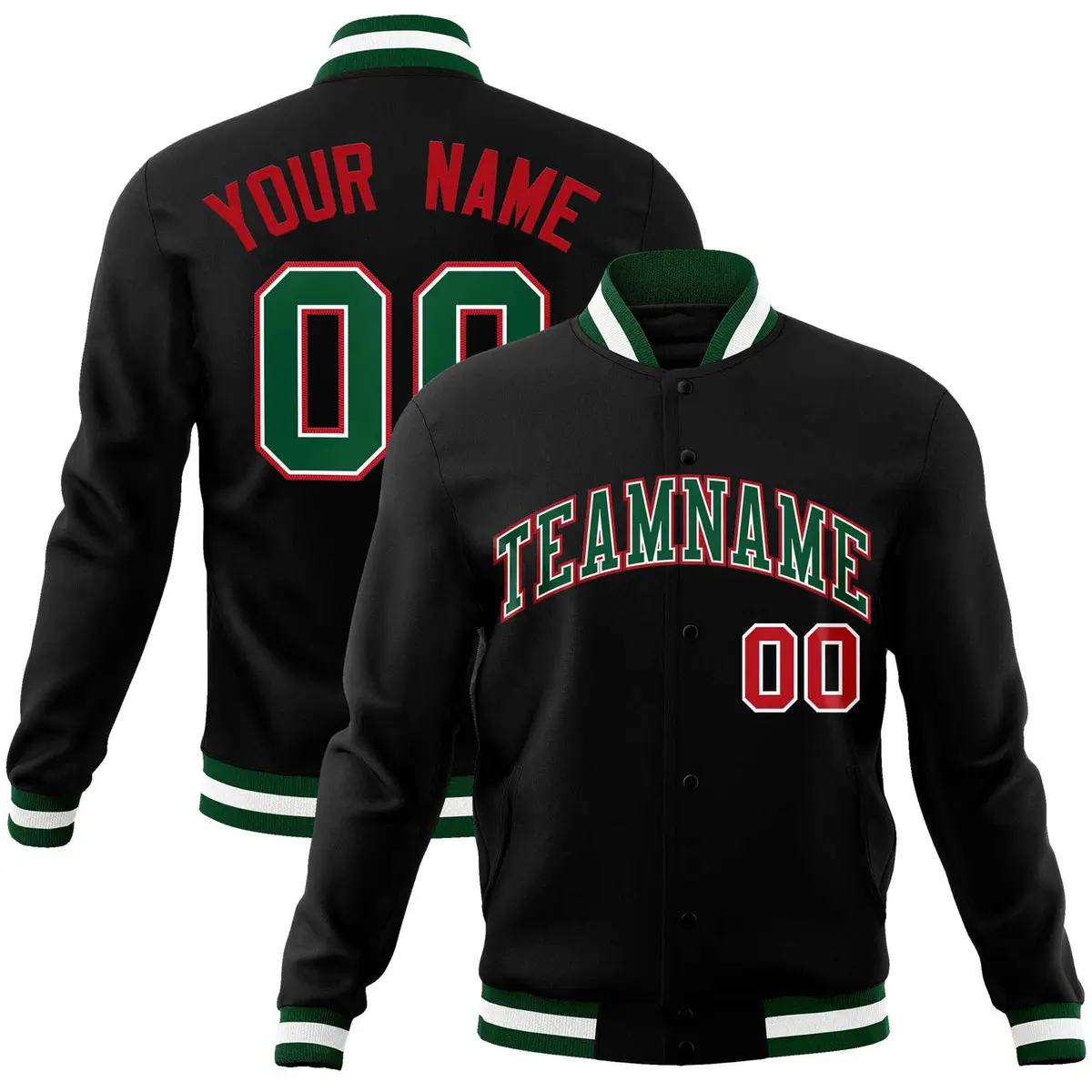 Black Green-Red Varsity Full-Snap Classic Letterman Jacket