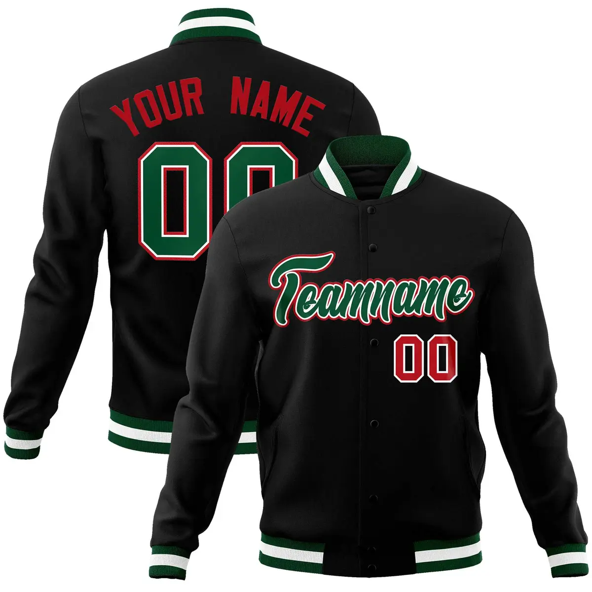 Black Green-Red Varsity Full-Snap Classic Letterman Jacket
