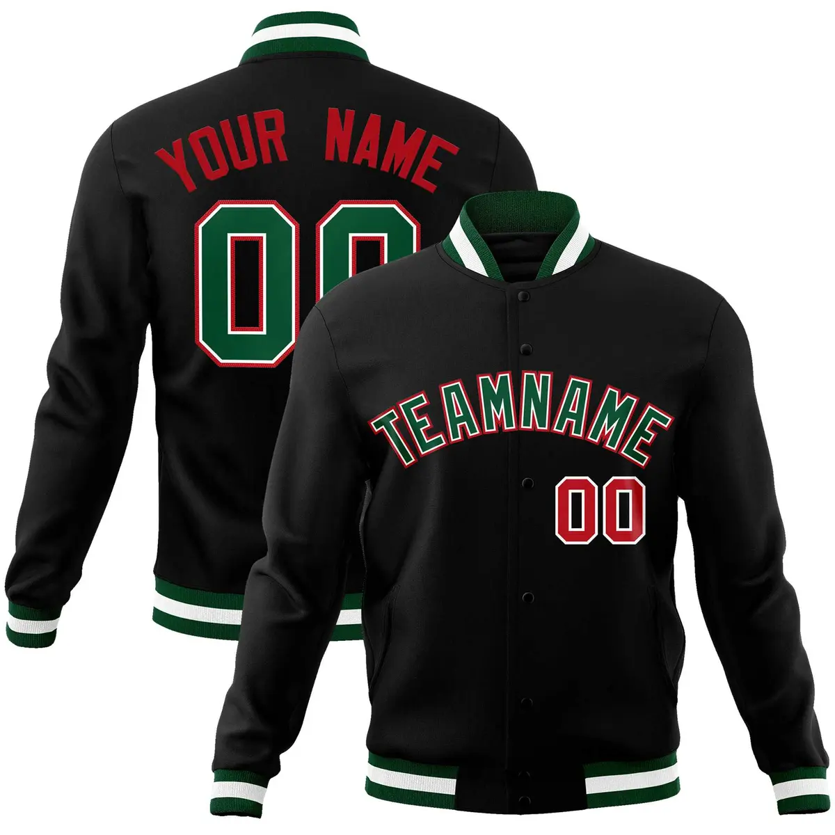 Black Green-Red Varsity Full-Snap Classic Letterman Jacket