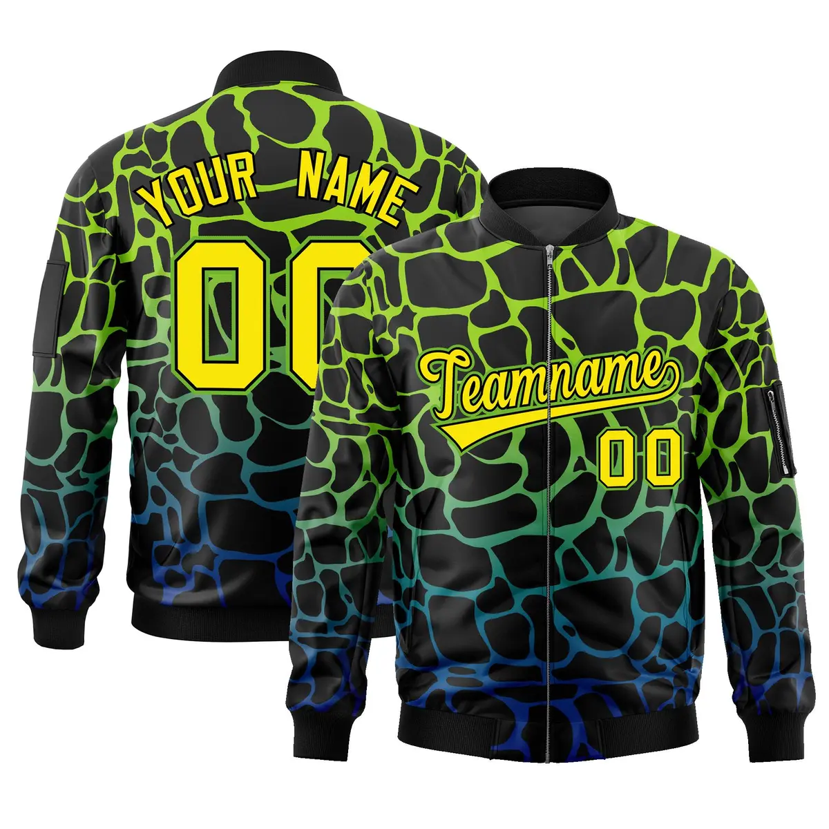 Black Green-Royal Spotted Varsity Full-Zip Letterman Bomber Jacket