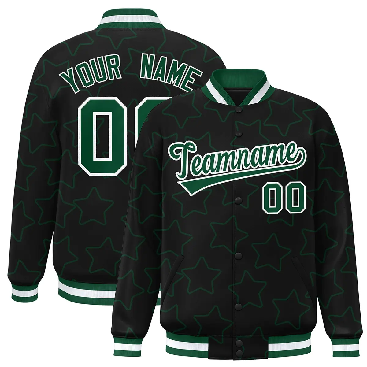 Black Green Star Pattern Varsity Letterman Baseball Jacket