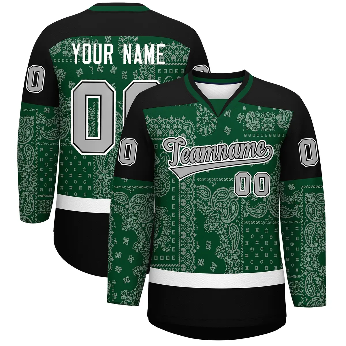 Black Green White Cashew Flower Graffiti V-Neck Hockey Jersey