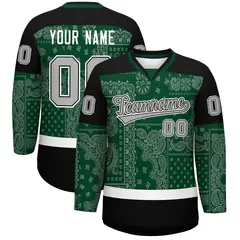 Black Green White Cashew Flower Graffiti V-Neck Hockey Jersey