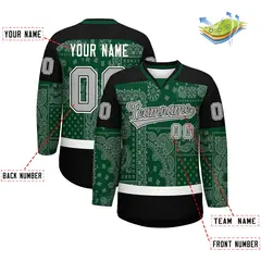 Black Green White Cashew Flower Graffiti V-Neck Hockey Jersey 2
