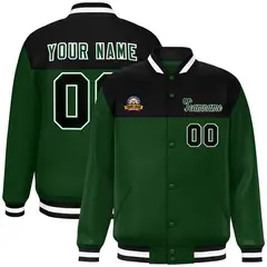 Black Green-White Color Block Full-Snap Varsity Letterman Jacket