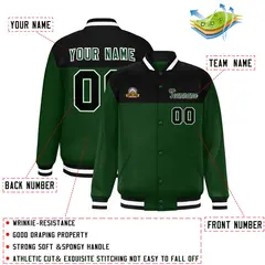 Black Green-White Color Block Full-Snap Varsity Letterman Jacket 2