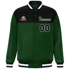 Black Green-White Color Block Full-Snap Varsity Letterman Jacket 3