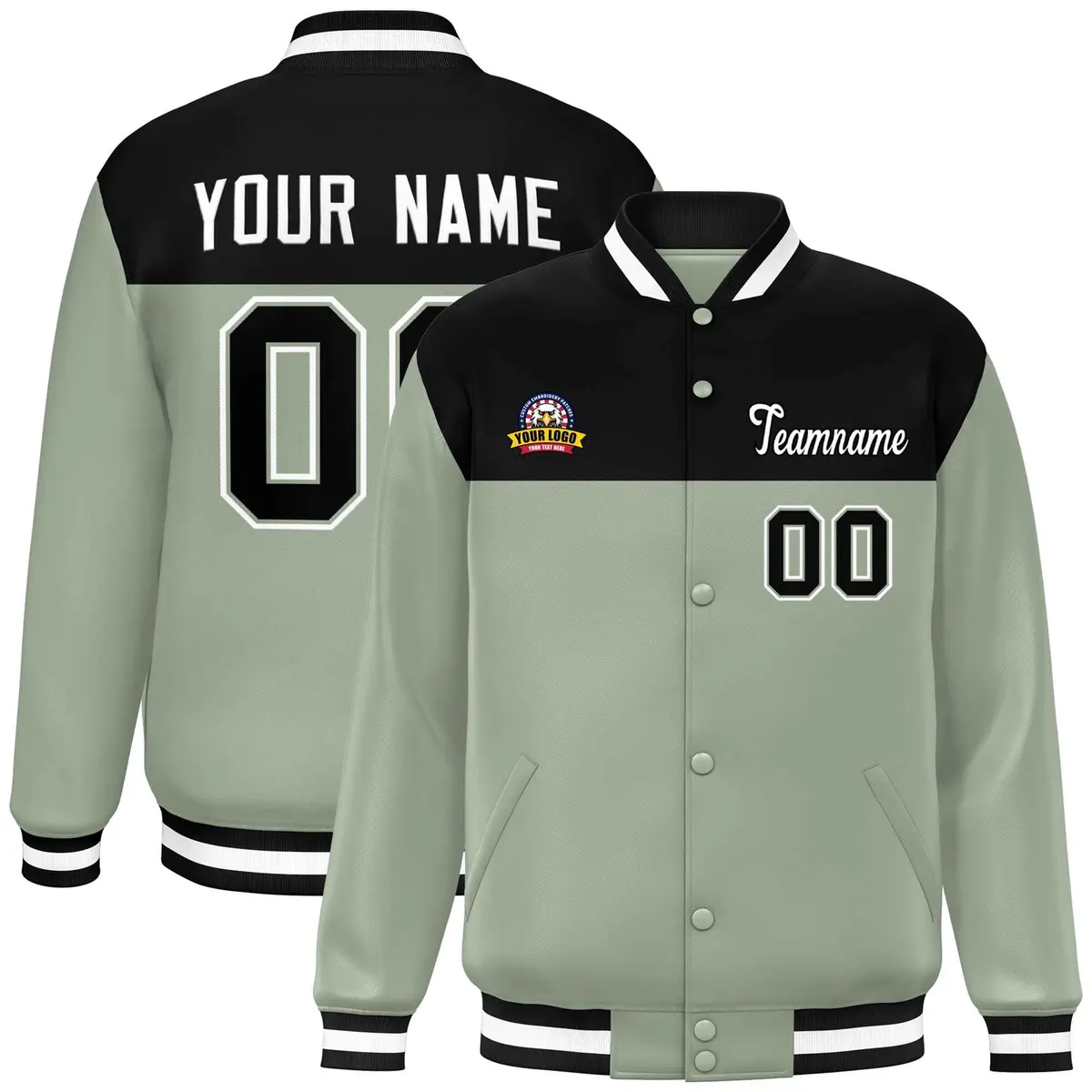 Black Green-White Color Block Full-Snap Varsity Letterman Jacket