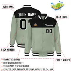 Black Green-White Color Block Full-Snap Varsity Letterman Jacket 2