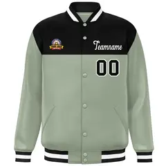 Black Green-White Color Block Full-Snap Varsity Letterman Jacket 3