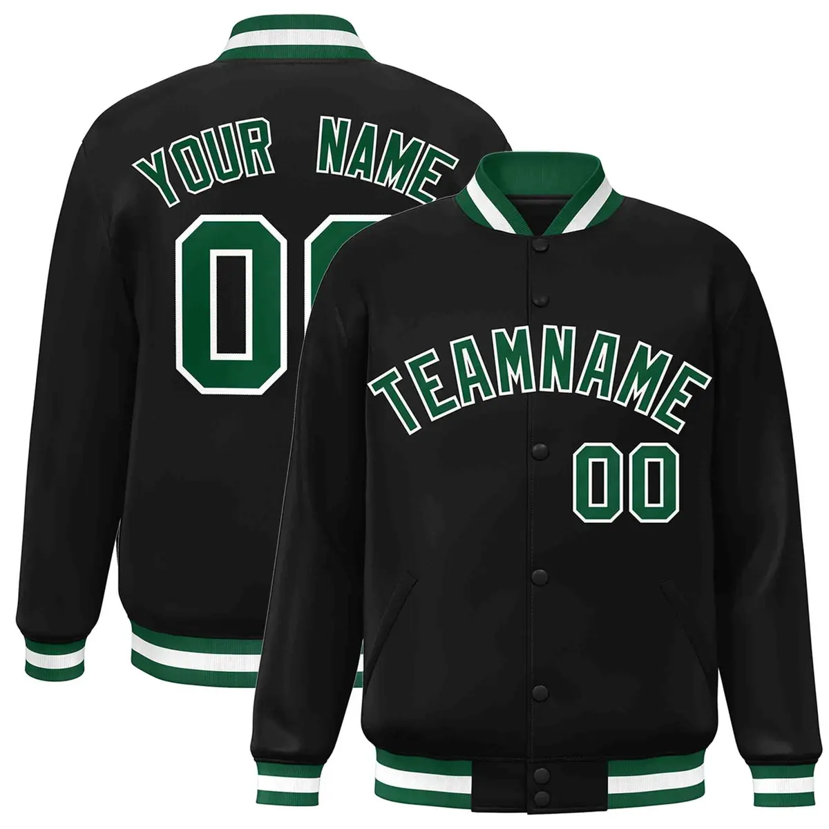 Black Green-White Full-Snap Varsity Letterman Jacket