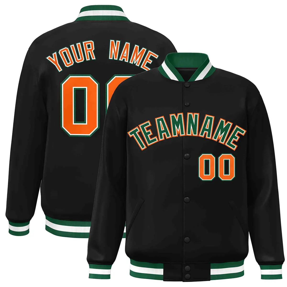 Black Green-White Full-Snap Varsity Letterman Jacket