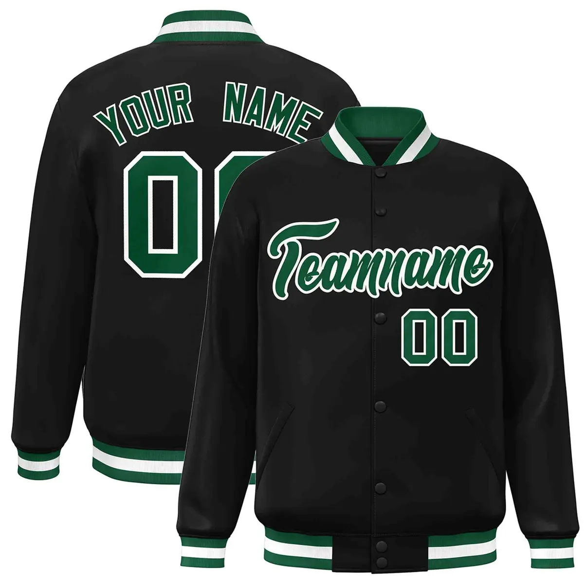 Black Green-White Full-Snap Varsity Letterman Jacket