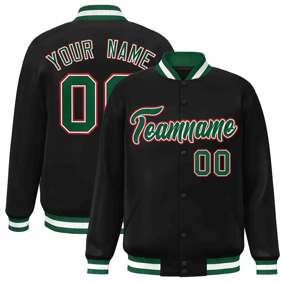 Black Green-White Full-Snap Varsity Letterman Jacket