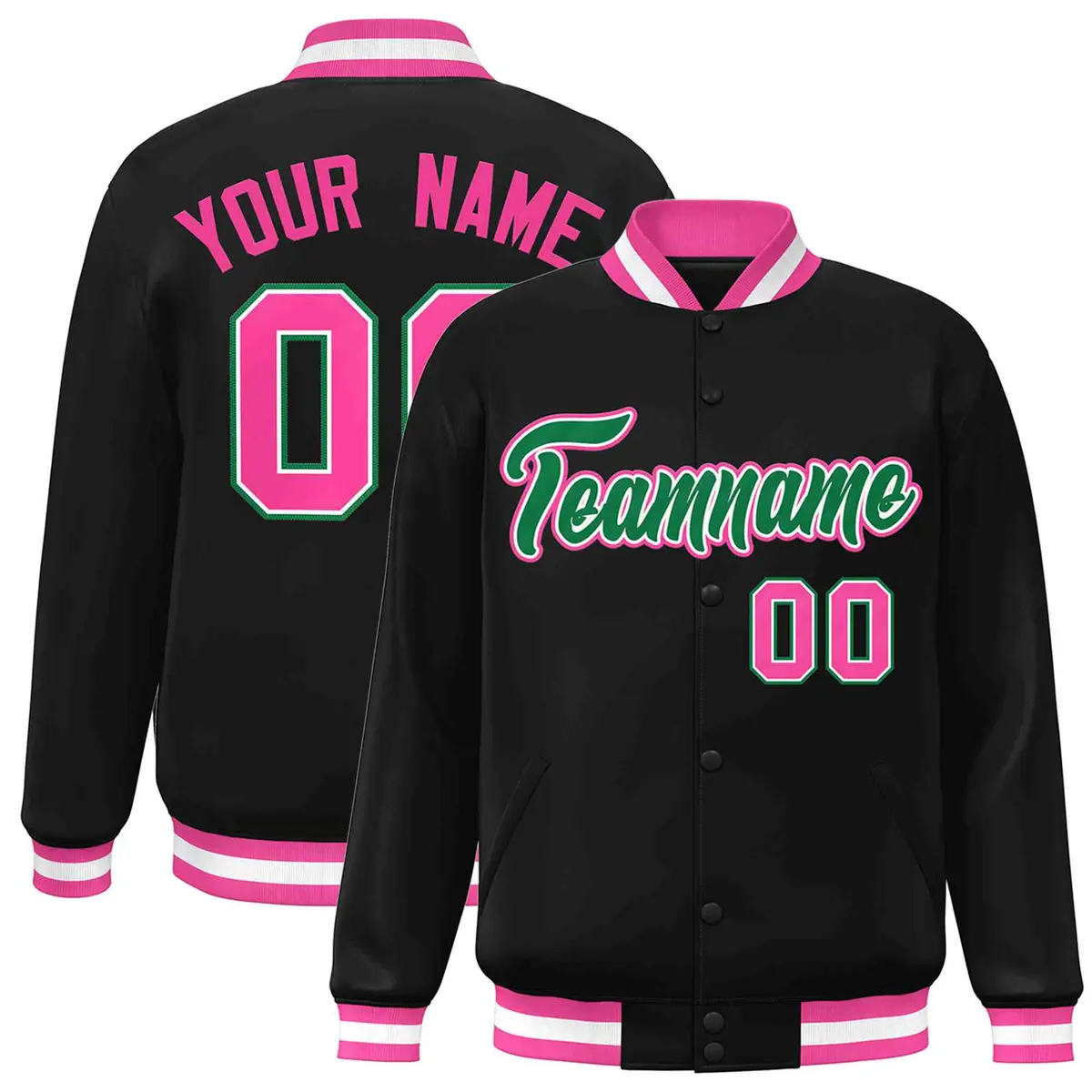 Black Green-White Full-Snap Varsity Letterman Jacket
