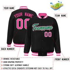 Black Green-White Full-Snap Varsity Letterman Jacket 2