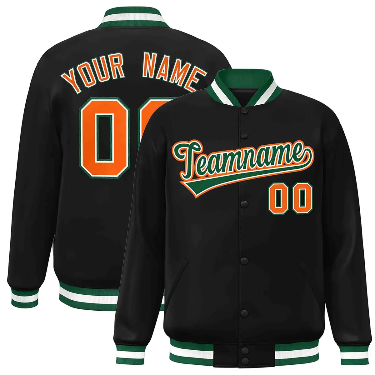 Black Green-White Full-Snap Varsity Letterman Jacket