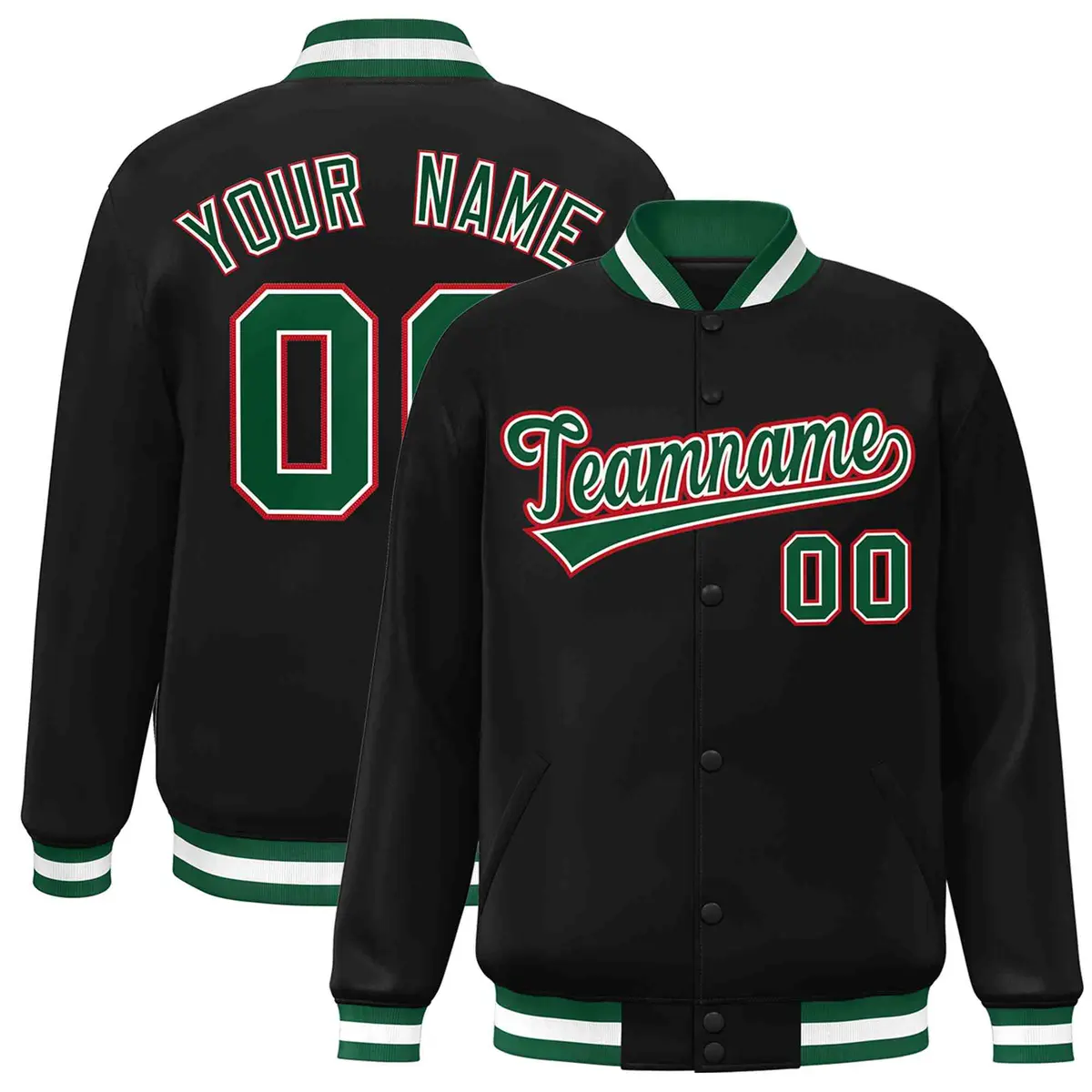 Black Green-White Full-Snap Varsity Letterman Jacket
