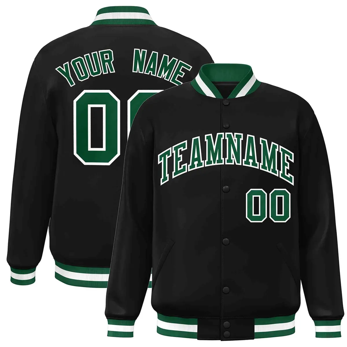 Black Green-White Full-Snap Varsity Letterman Jacket