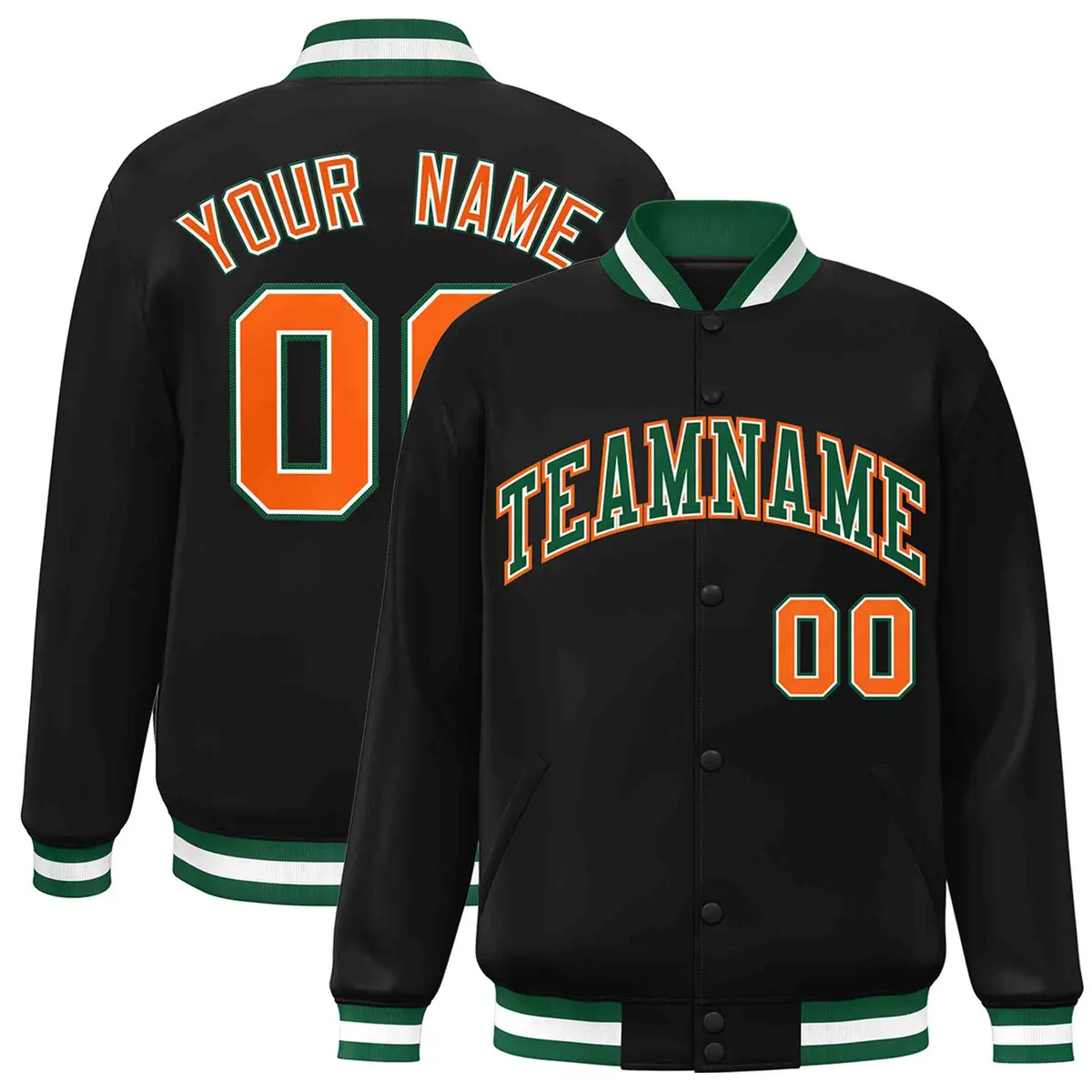 Black Green-White Full-Snap Varsity Letterman Jacket