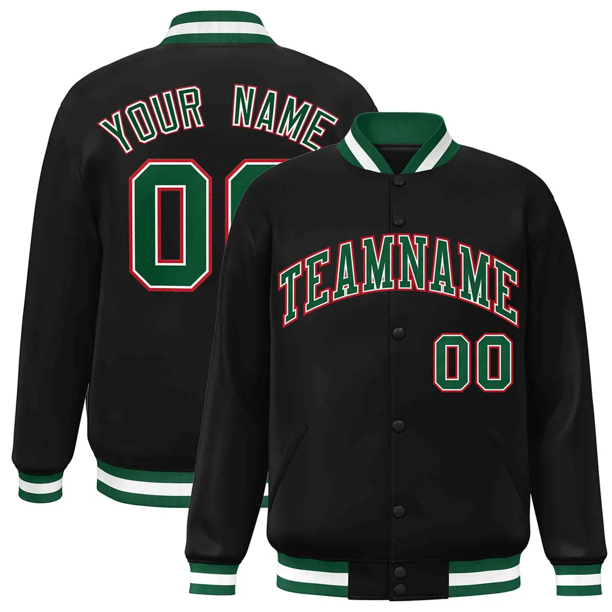 Black Green-White Full-Snap Varsity Letterman Jacket