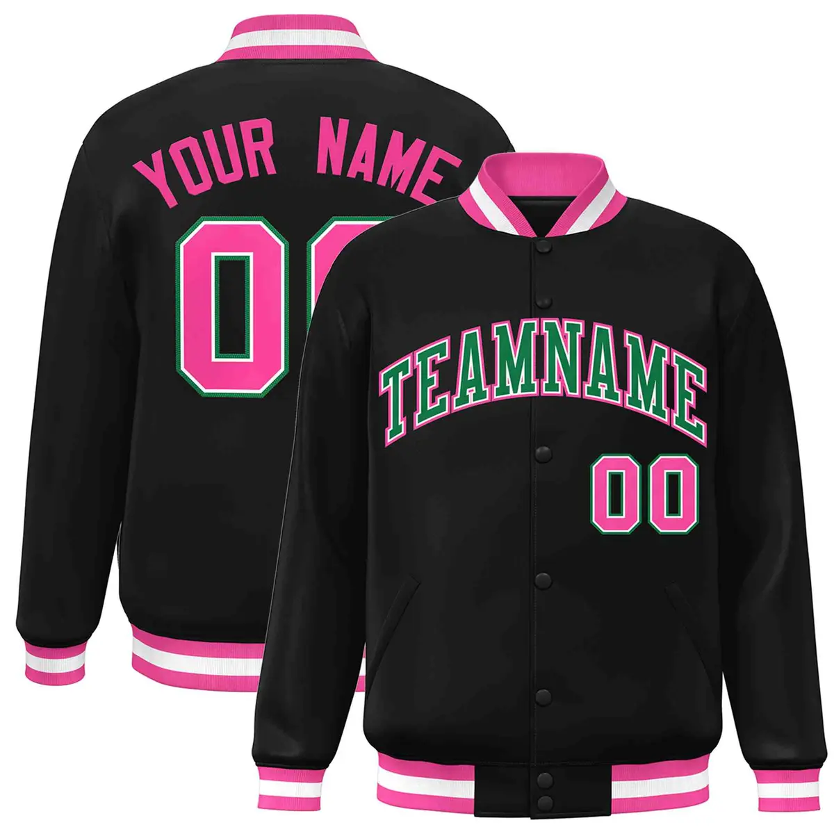 Black Green-White Full-Snap Varsity Letterman Jacket