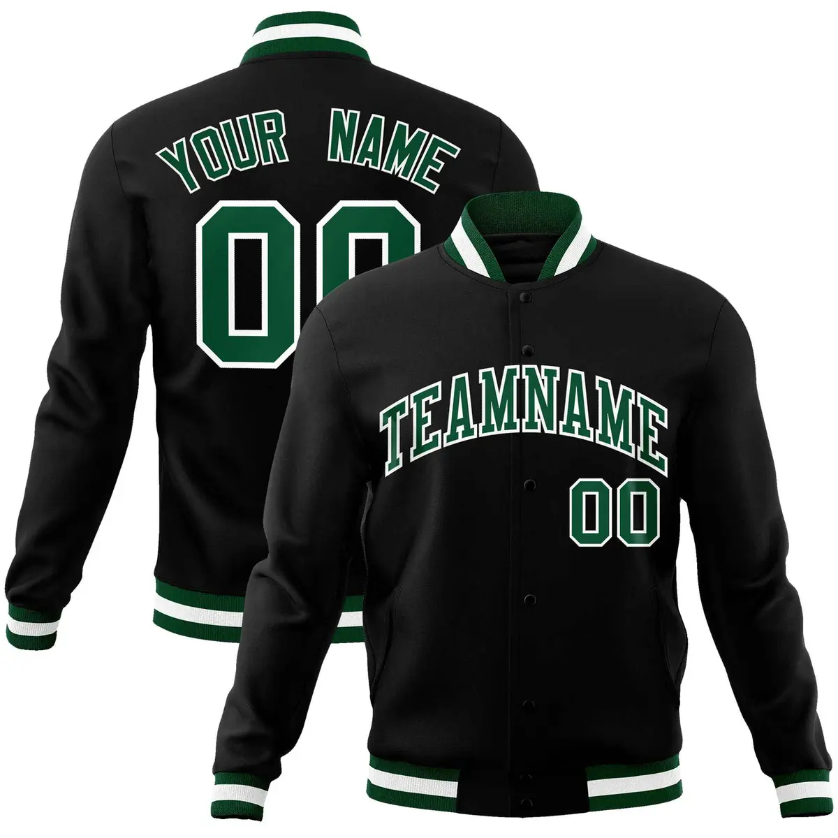 Black Green-White Full-Snap Varsity Letterman Jacket