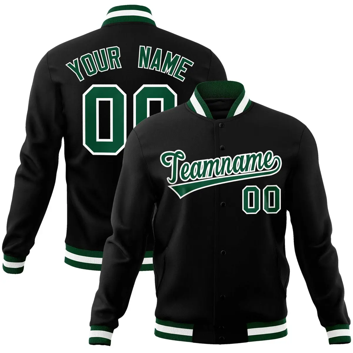 Black Green-White Full-Snap Varsity Letterman Jacket