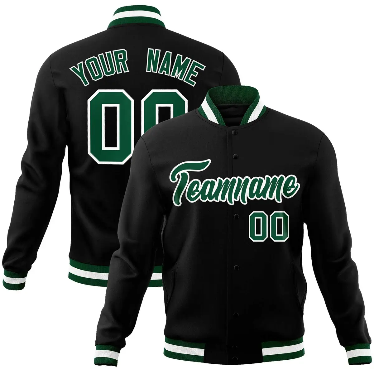 Black Green-White Full-Snap Varsity Letterman Jacket