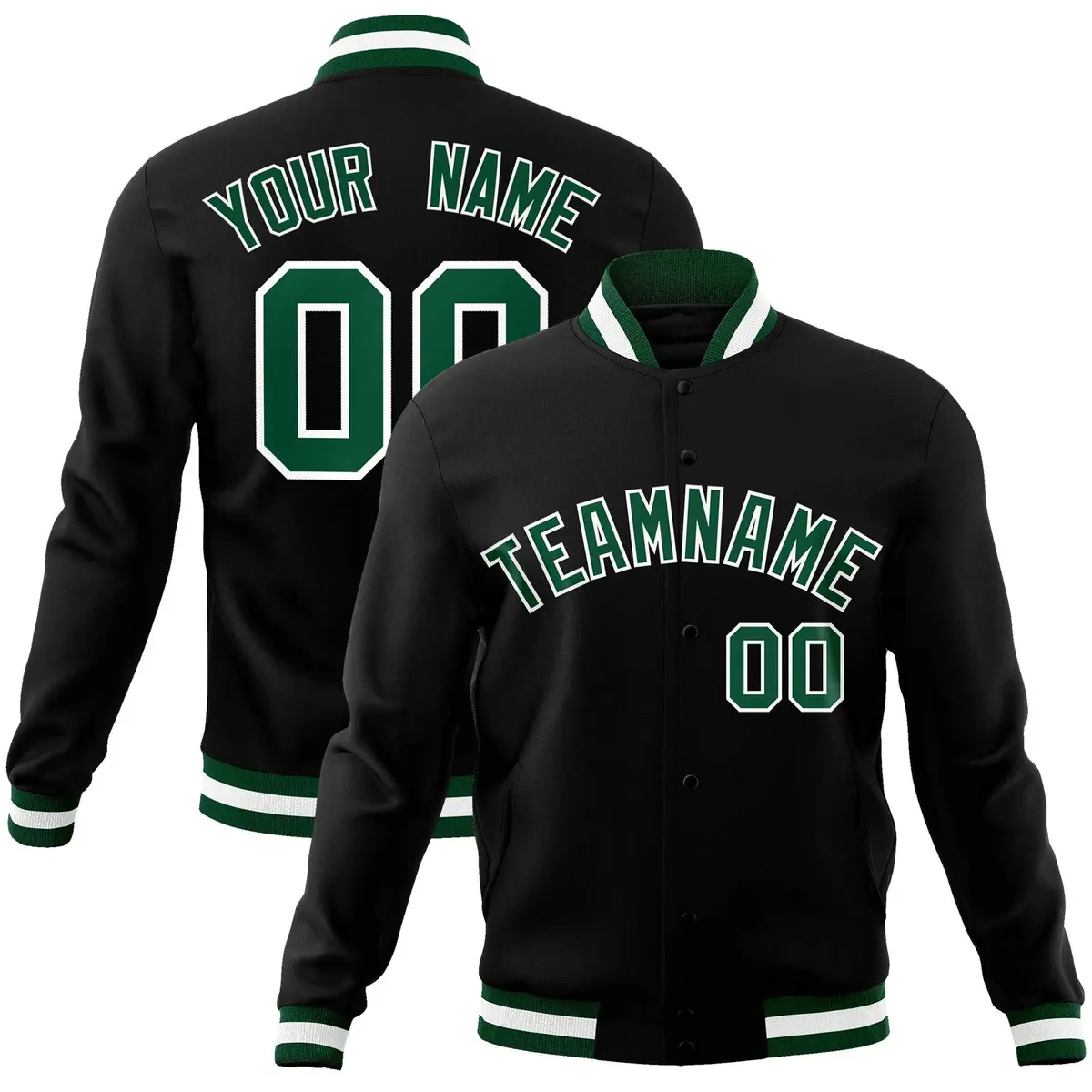 Black Green-White Full-Snap Varsity Letterman Jacket