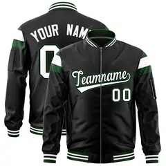 Black Green White Full-Zip Shoulder Block Varsity Letterman Bomber Jacket 1