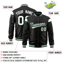 Black Green White Full-Zip Shoulder Block Varsity Letterman Bomber Jacket 2