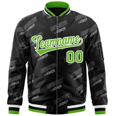 Black Green-White Full-Zip Varsity Letter Bomber Jacket 3