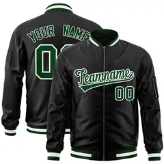 Black Green-White Full-Zip Varsity Letterman Bomber Jacket