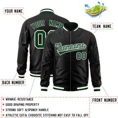 Black Green-White Full-Zip Varsity Letterman Bomber Jacket 2