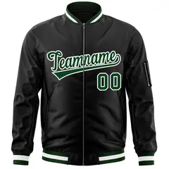 Black Green-White Full-Zip Varsity Letterman Bomber Jacket 3