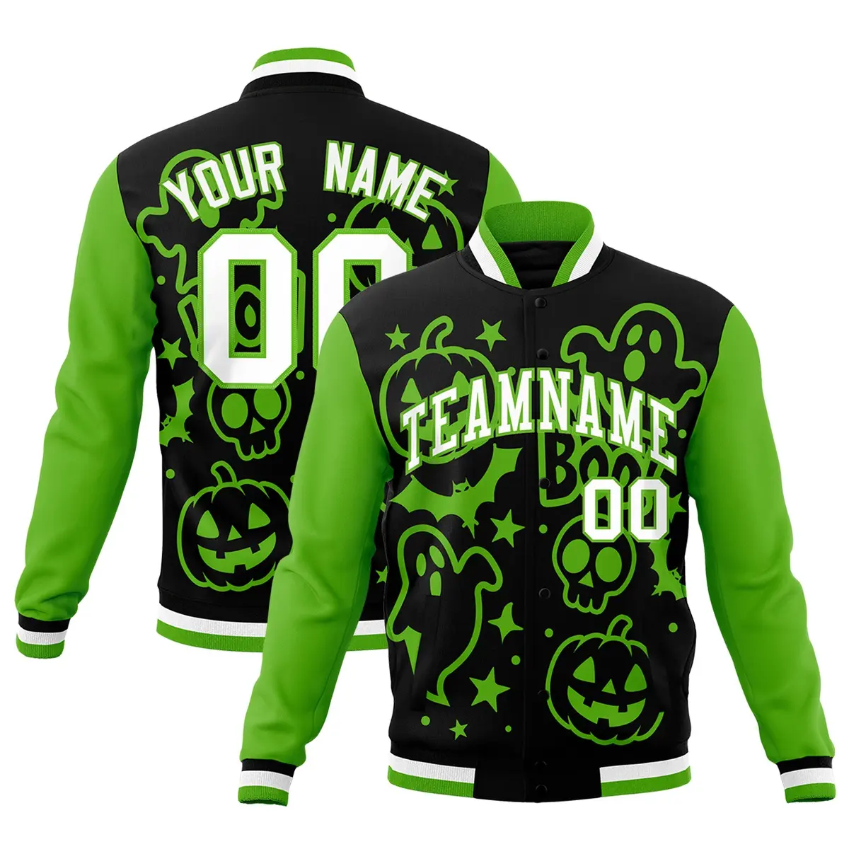 Black Green White Halloween Bats Pumpkins Ghost Letterman Jacket