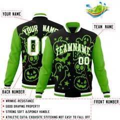 Black Green White Halloween Bats Pumpkins Ghost Letterman Jacket 2