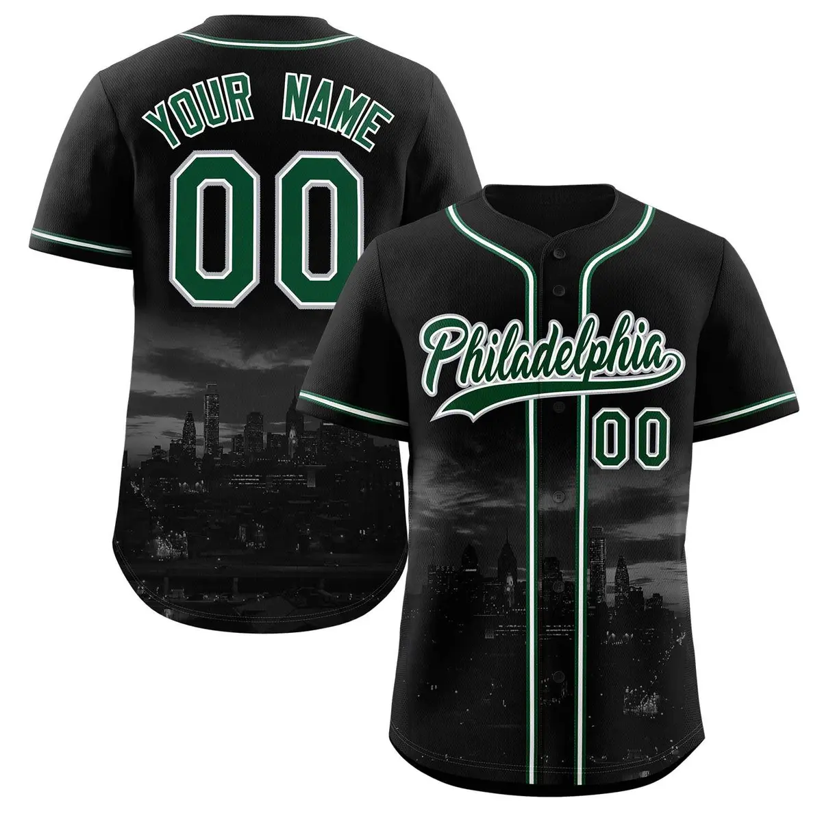 Black Green-White Philadelphia City Skyline Baseball Jersey