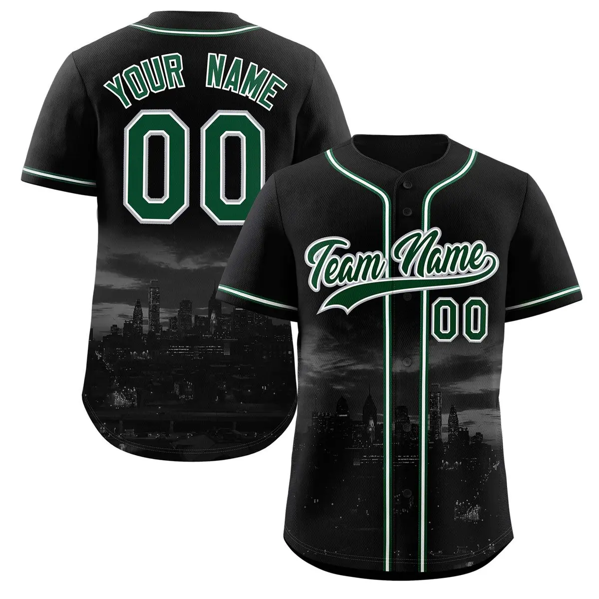 Black Green-White Philadelphia City Skyline Baseball Jersey
