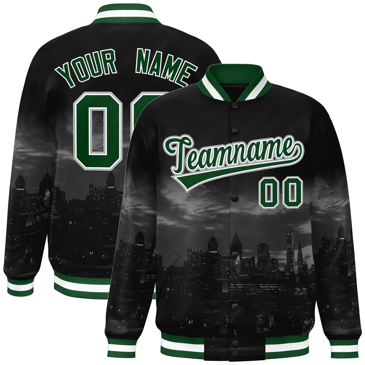 Black Green-White Philadelphia Skyline Track Varsity Full-Snap Jacket
