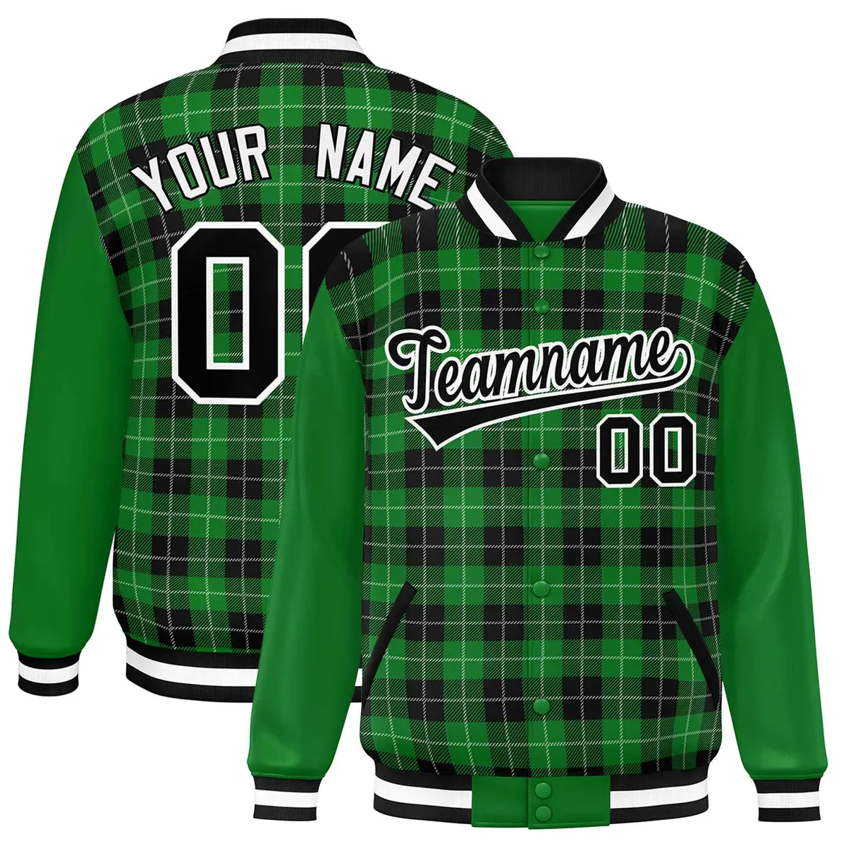 Black Green-White Plaid Varsity Letterman Baseball Jacket
