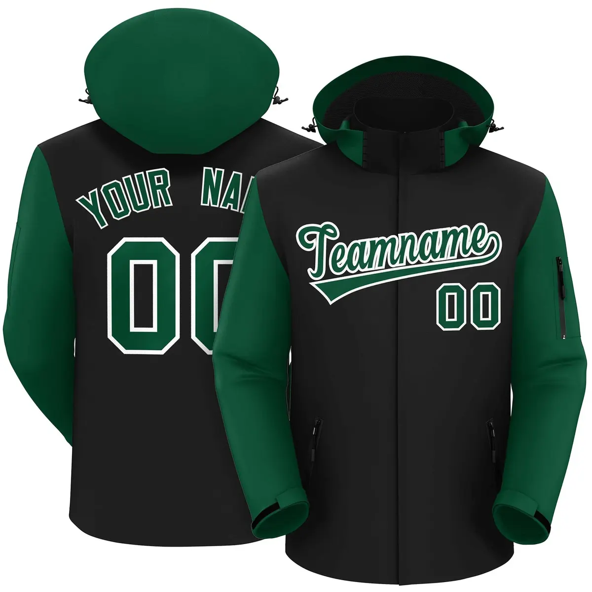 Black Green-White Raglan Sleeves Waterproof Jacket