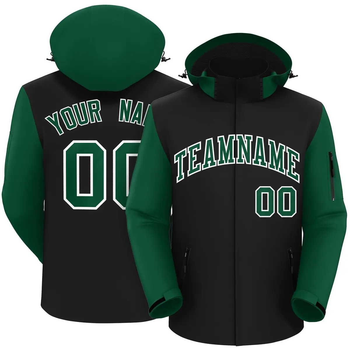 Black Green-White Raglan Sleeves Waterproof Jacket