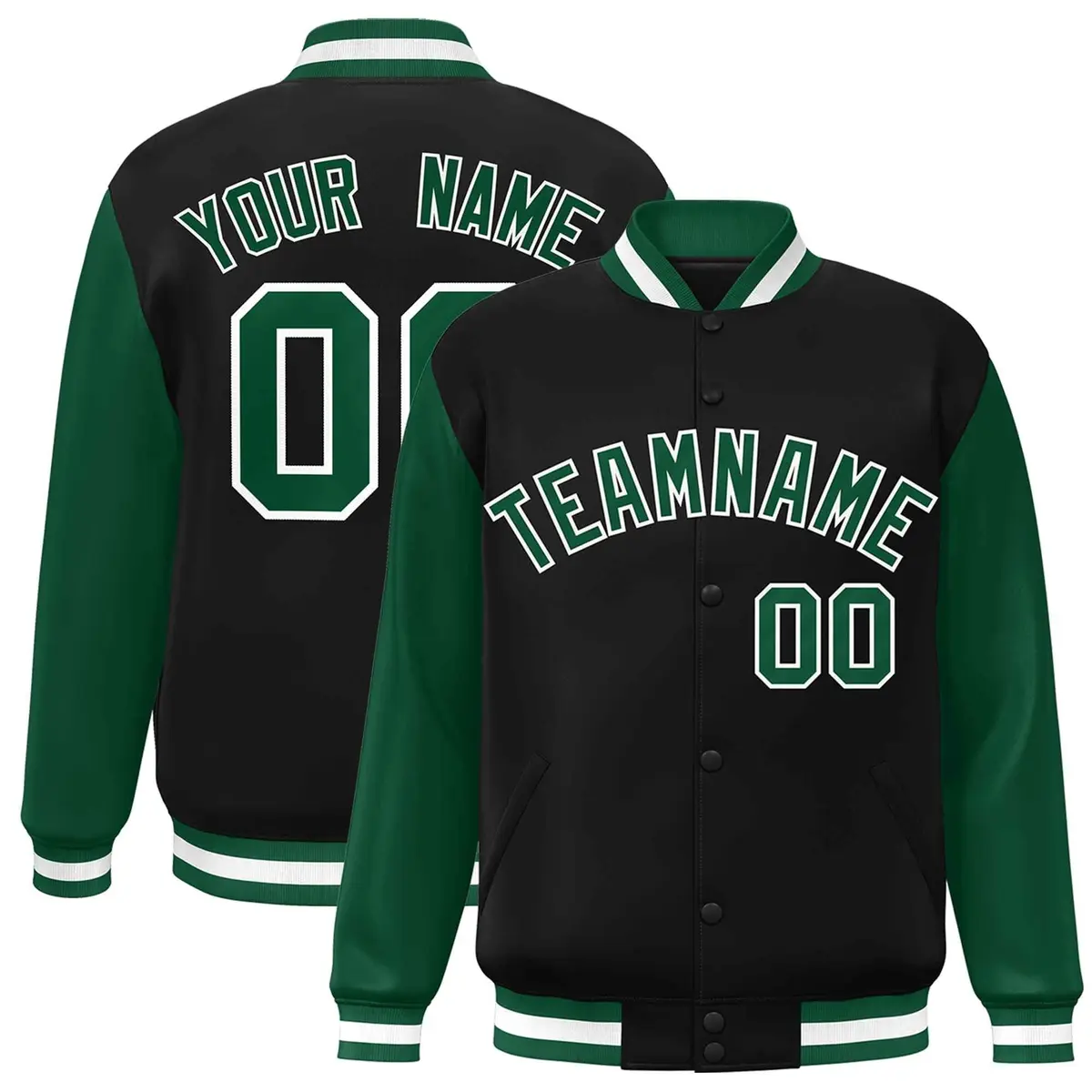 Black Green-White Raglan Varsity Full-Snap Letterman Jacket