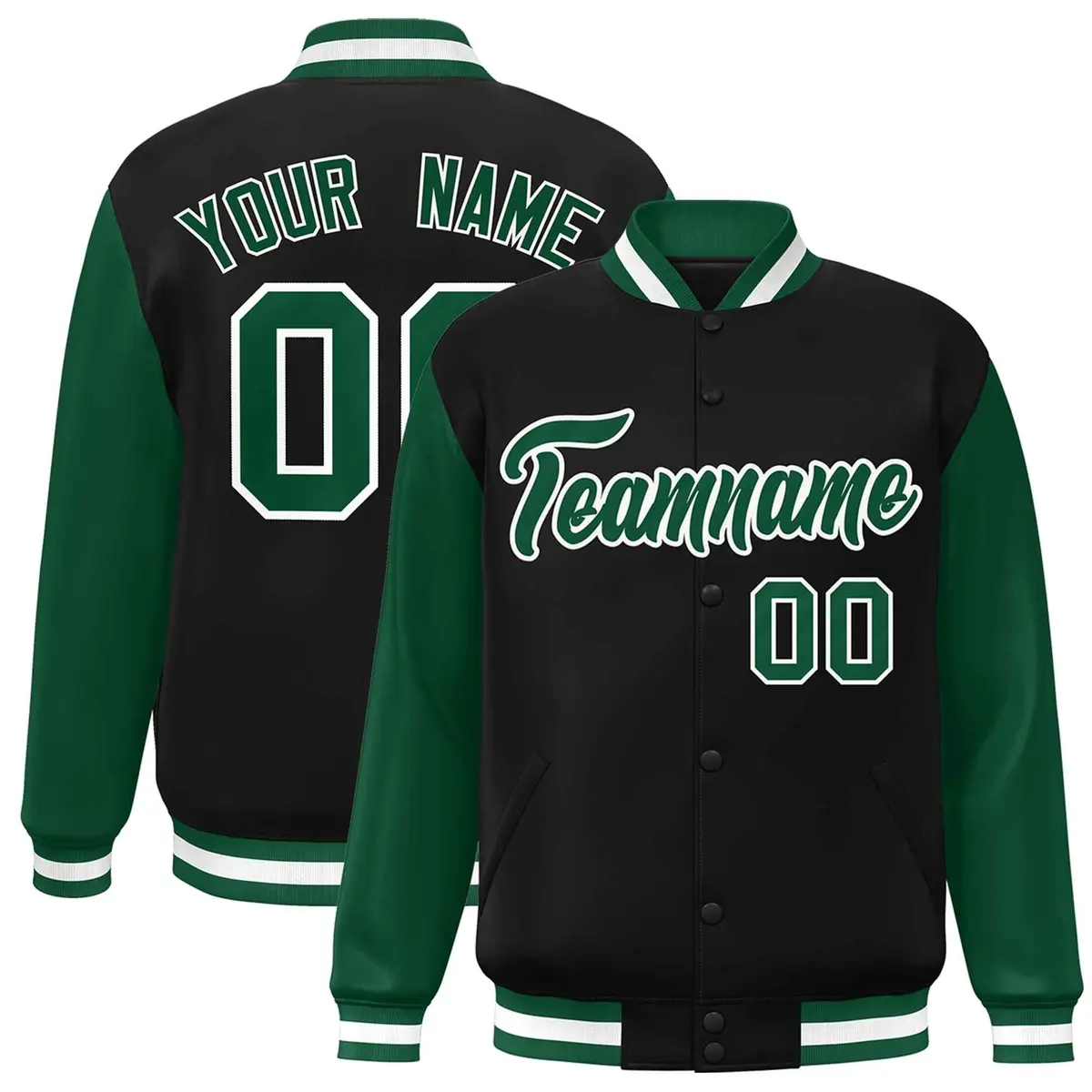Black Green-White Raglan Varsity Full-Snap Letterman Jacket